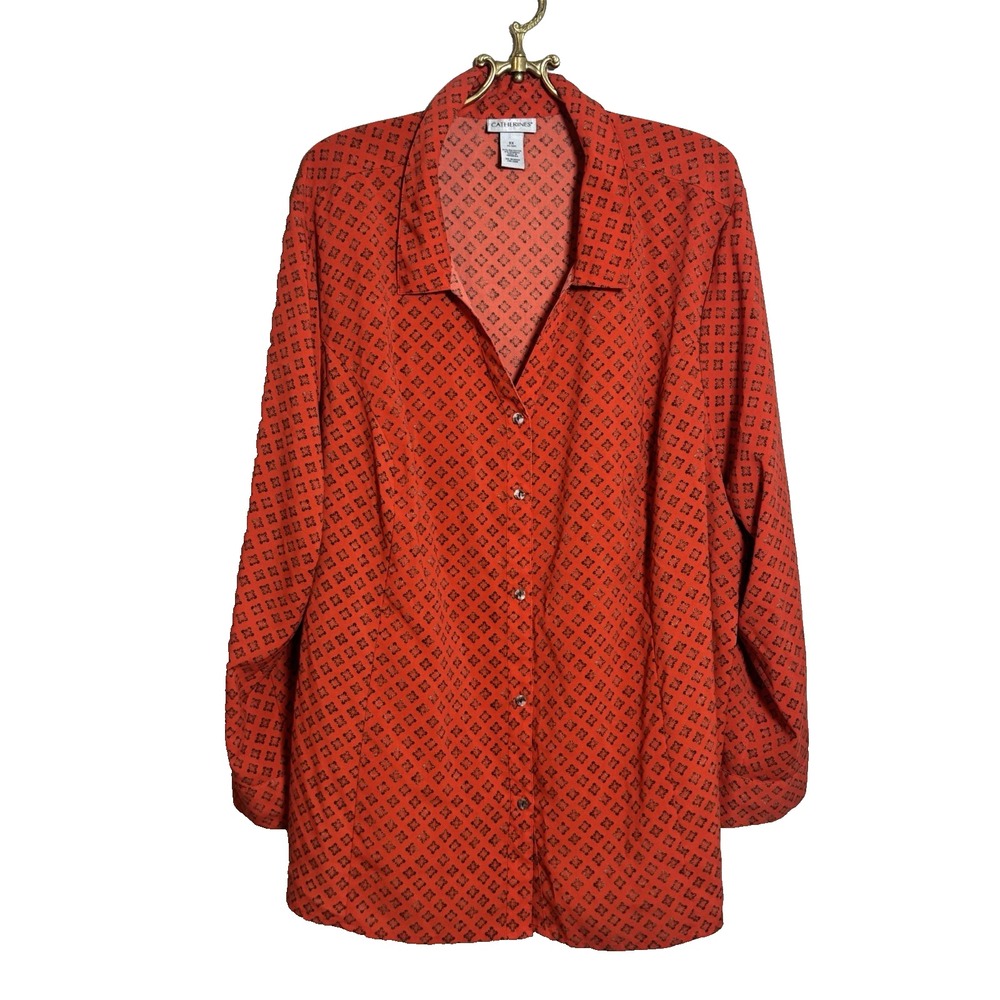Catherines Blouse Women's 3X Red Orange Geometric Long Sleeve Button Down Plus